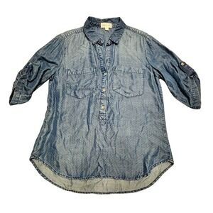Cloth & Stone‎ Women's L Blue Polka Dot Chambray Button-Up Shirt